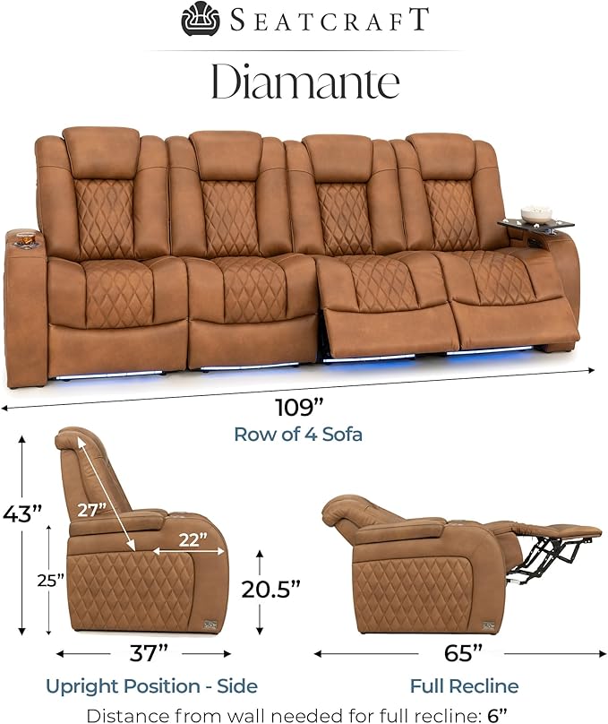 Seatcraft Diamante Zero-Gravity CoolZero Italian Leather Home Theater Seating, Power Headrest, Power Recline, Row of 4 Sofa, Tawny