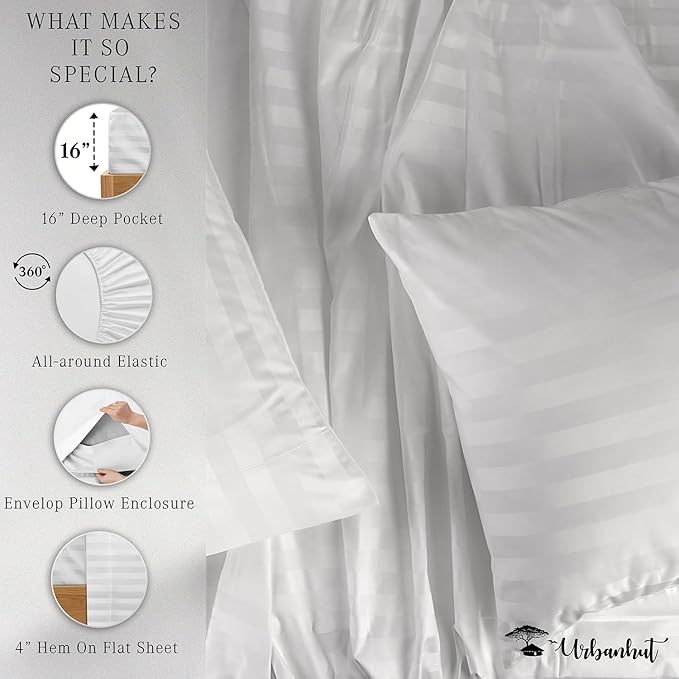 URBANHUT 800 Thread Count 100% Cotton Damask California King Size Sheets Set, 4 Piece Striped Cal King Size Bedsheets, Luxury Hotel Sheets Sateen Weave, 16" Elasticized Deep Pocket- White