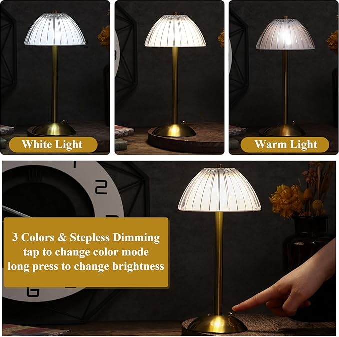 Liliful 8 Pcs Cordless Table Lamp Rechargeable Touch LED Small Gold Portable Battery Operated USB-c Desk Lamp 3 Color Dimmable for Bedroom Living Room Dining (Gold,Mushroom Style)