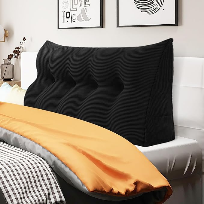 WOWMAX 100% Cotton Corduroy Headboard Pillow – Full Size Back Support Reading Wedge for Bed & Daybed, Plush Handmade Bolster Cushion with Removable Cover, Cozy Bed Rest Pillow, Black