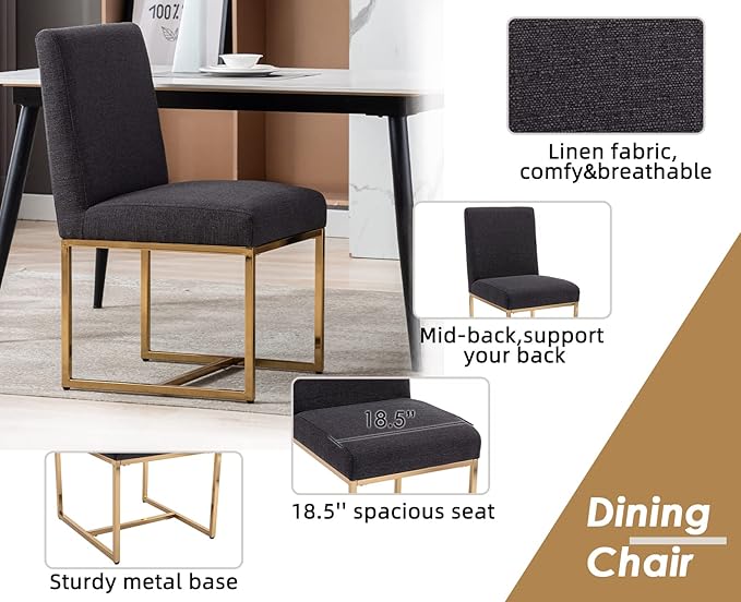CIMOTA Black Modern Dining Chairs Set of 2, Upholstered Dining Room Chairs Armless Guest Side Chair with Gold Base for Dining Room/Kitchen, Charcoal Black, 2PCS