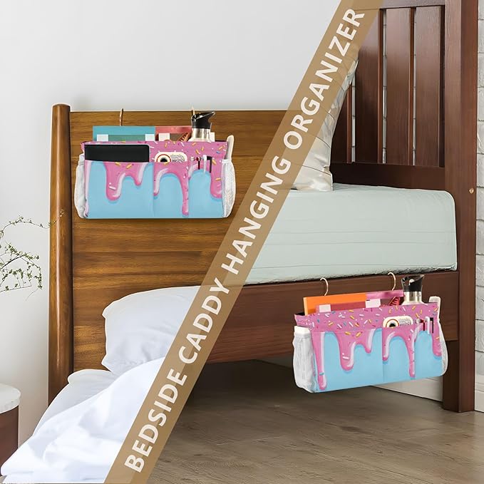 Bedside Caddy Hanging Bunk Bed Caddy Bed Organizer Hanging Pocket with 2 Hooks Bedside Storage Organizer Pocket Bag Holder Cartoon Dripping Frosting