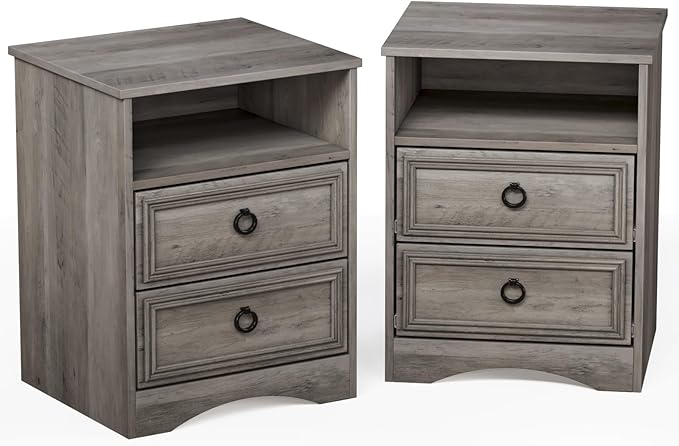 Set of 2 Nightstand with 2 Drawers, 18"W Night Stand with Drawers for Bedroom, Large Accent Bed Side Table and End Table with Open Compartment-Easy Pull Handle, Textured Border for Living Room,Gray