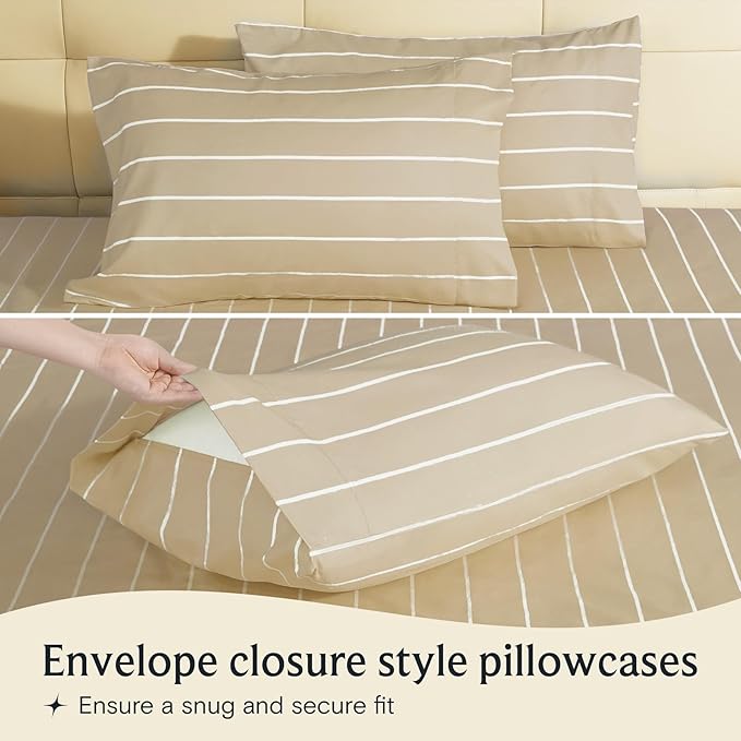 LuxClub 4 PC Full Sheet Set, Deep Pockets Wrinkle Free Cooling Bed Sheets Hotel Bedding for Women, Men, Includes 1 Fitted Sheet, 1 Flat Sheet and 2 Pillowcases-Striped - Cream