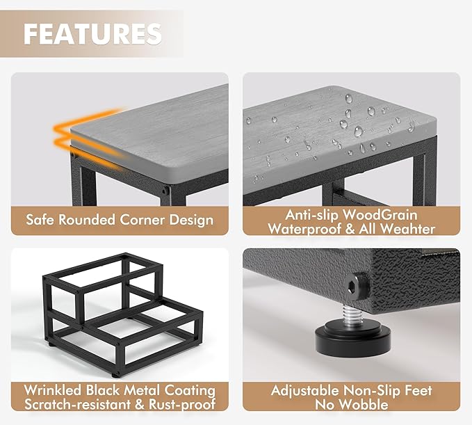 Y&M Two Step Stool for Adults Kids, Bed Step Foot Stool with Adjustable Non-Slip Feet, Portable Sturdy Metal Frame Stepping for Kitchen Bathroom Bedroom Living Room, Indoor or Outdoor Use, Grey