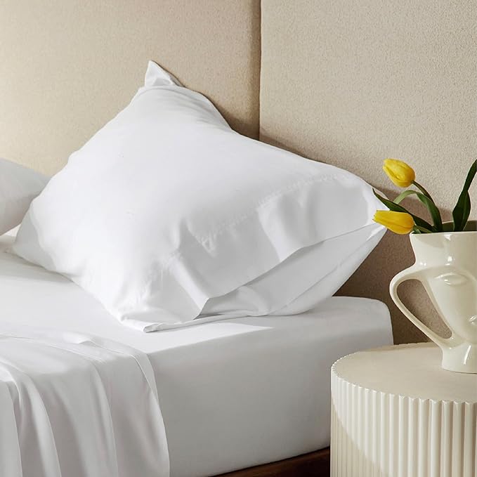 Bedsure Cooling Sheets Twin, Rayon Derived from Bamboo, Cooling Sheets, Breathable & Soft, Deep Pocket Up to 16 Inches, Hotel Luxury Silky Bedding for Hot Sleepers, White
