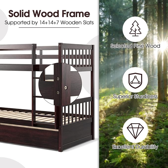 Giantex Twin Over Twin Bunk Bed with Trundle, Convertible Platform Bed Frame with Ladder & Solid Wood Frame, Space-Saving Bunk Bed for Teens & Adults, No Box Spring Needed, Espresso