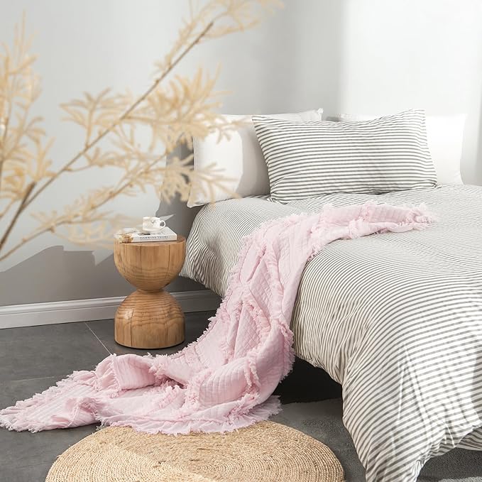 Ultra Soft Pre-Washed Quilted Boho Pink King Size Blankets for Bed, Ruffle Fringed Decorative Throw, Stone Washed Chic Rustic Blanket for Sofa Couch Bed, 104"*90"