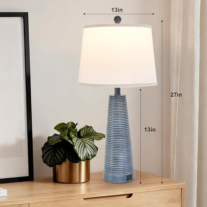 Terpsichore Nightstand Lamp Bedside Lamps Vintage Rustic Farmhouse Table Lamp 3 Way Dimmable Horizontal Stripe Light,for Living Room Bedroom,USB A+C (Navy Blue (Single-Pack), High 27 Inch)