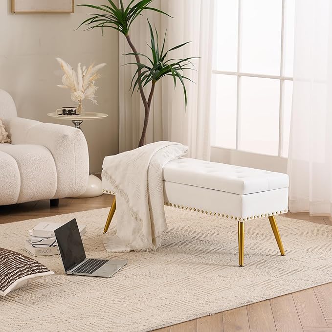 Velvet Storage Bench with Gold Legs& Nailhead Trim, 40" Wide Upholstered Modern Bedroom Bench for End of Bed, Tufted Ottoman for Entryway Living Room Dining Room (Ivory White, 40" W)