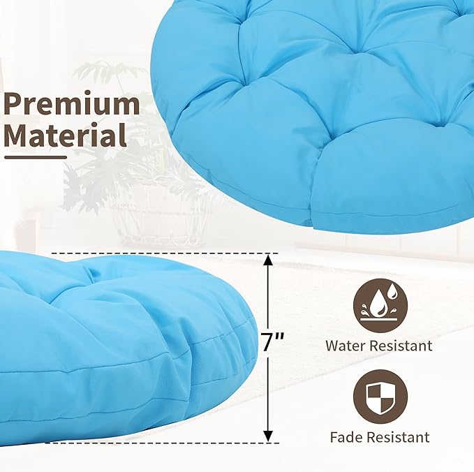 46" Giant Oversized Rattan Papasan Chair with Cushion and Frame for Adults, Fluid 360° Swivel, Waterproof, Black Frame with Blue Cushion