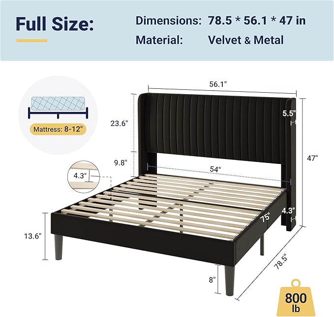 Allewie Full Size Velvet Bed Frame/Vertical Channel Tufted Wingback Headboard/Upholstered Platform Bed/Strong Wooden Slats/No Box Spring Needed/Easy Assembly/Black
