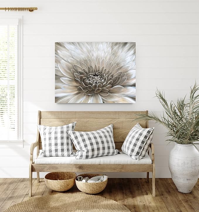 RICHSPACE ARTS Flower Wall Art in Neutral Beige Color Modern Rustic Farmhouse Canvas Decor Hanging Framed Artwork Chrysanthemum Floral Picture White Grey Painting Print for Bathroom Bedroom Living