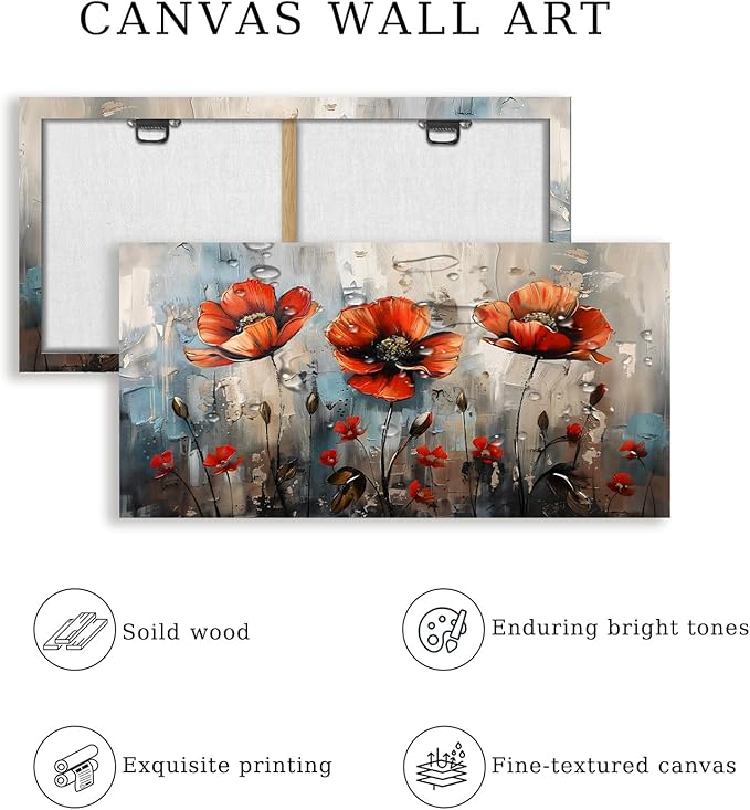 SERIMINO Large Wall Art for Living Room, Nature Floral Botanical Wall Decor, Red Flowers Canvas Prints Pictures, Wildflower Modern Home Decor Bathroom Dining Room Kitchen Paintings 24"X48"