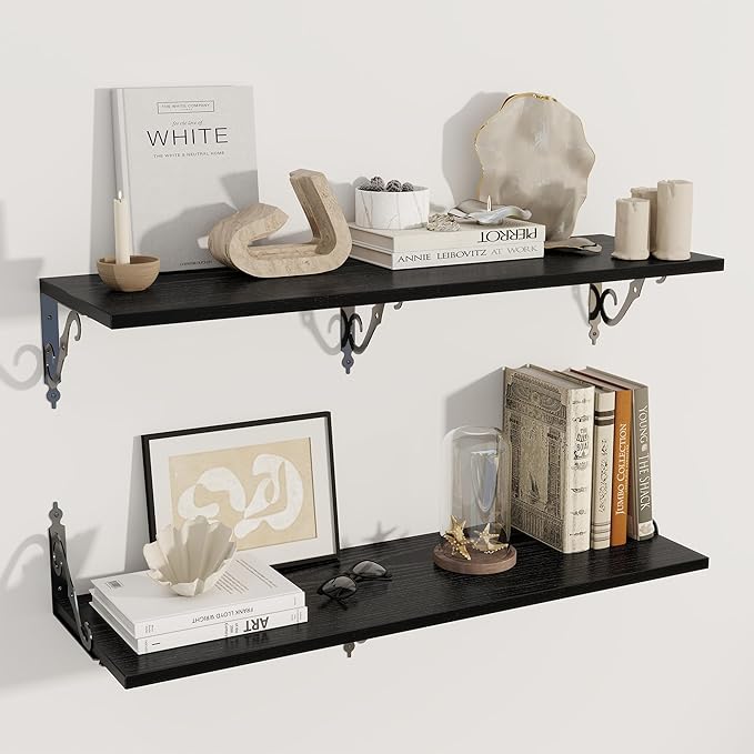 Dreamland Deep Floating Shelves, 40" W x 12" D Wall Shelves Set of 2, Wide Display Shelf Wall Mounted with Brackets, Bookshelf for Living Room, Bathroom, Bedroom, Black