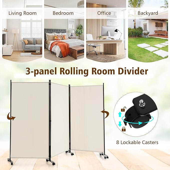 GOFLAME 3 Panel Folding Room Divider, 6FT Rolling Privacy Screen with Lockable Wheels, Portable Room Partition Screen, Freestanding Wall Divider and Separator for Home Office, White