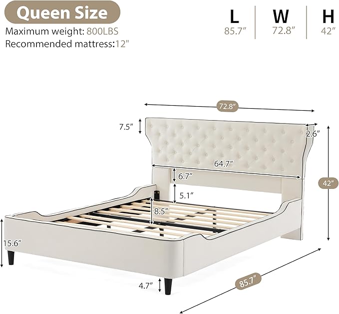 Christopher Knight Home Salus Linen Upholstered Queen Size Bed Frame with Headboard, Modern Queen Bed Frame and Headboard, Wooden Slats Support, Easy Assembly, No Box Spring Needed, Beige
