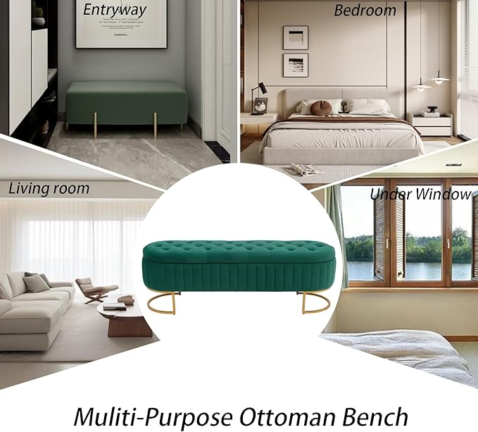 Velvet Storage Bench for Bedroom, Modern Tufted End of Bed Bench for King Size Bed, Upholstered Long Ottoman Bench with Gold Legs for Living Room/Entryway (Green, 55" W)