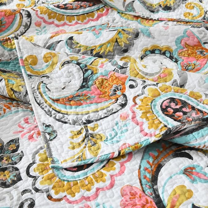 Cotton Bedspread Quilt Sets Reversible Bedding Coverlet Sets Comforter Paisley Floral Bedspread (White Paisley Floral, Queen Size)