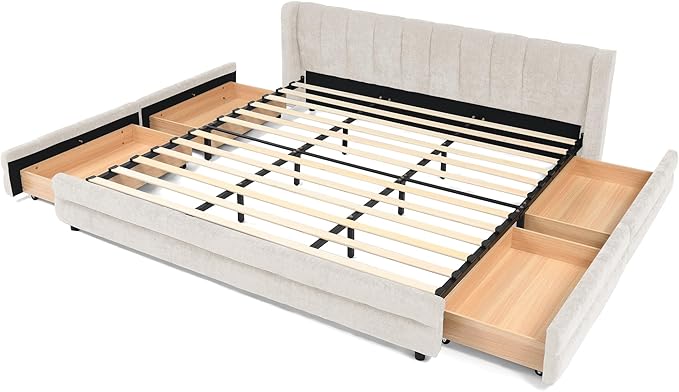 DEINPPA King Size Bed Frame with 4 Storage Drawers and Cloud Soft Headboard, Chenille Upholstered Grounded Wood Base Bed Frame, No Box Spring Needed-Beige