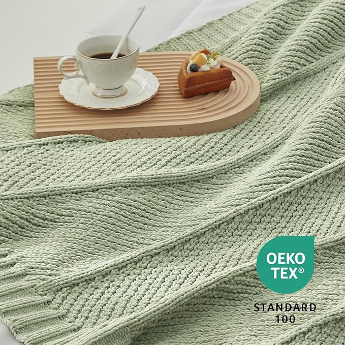 Amélie Home Chevron Chenille Knit Throw Blanket for Couch, Cozy Texture Decorative Soft Blanket for Sofa & Chair, 50"x60", Sage Green
