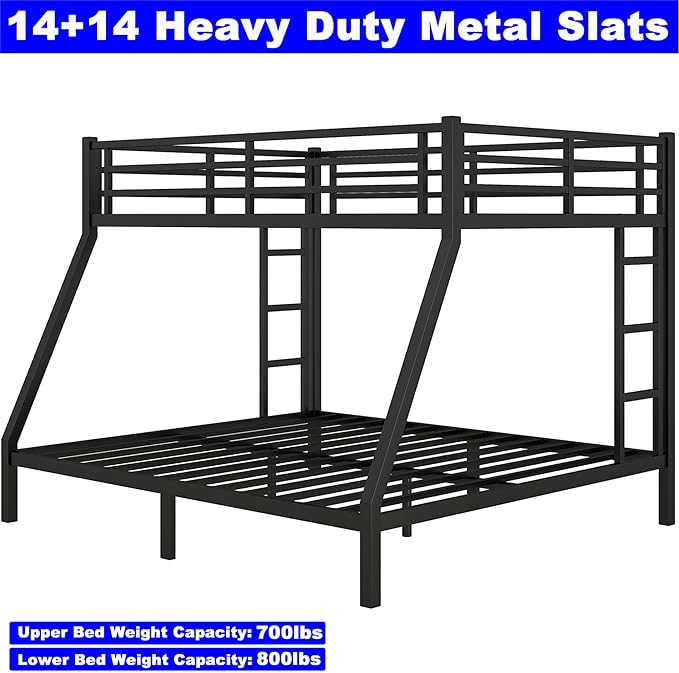 Upgraded Version Thicken Metal Heavy Duty Queen Over King Bunk Bed, Best Modern Style Stronger BunkBed Frame King Size with Ladders for Adults, Easy Assembly (Queen Over King)