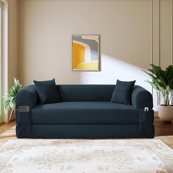 Convertible Sleeper Sofa Bed,80" Folding Sofa Bed Queen with Storage,Corduroy Pull Out Couch with Bed,Boneless Couches for Living Room,Compressed Couch in a Box,Navy Blue