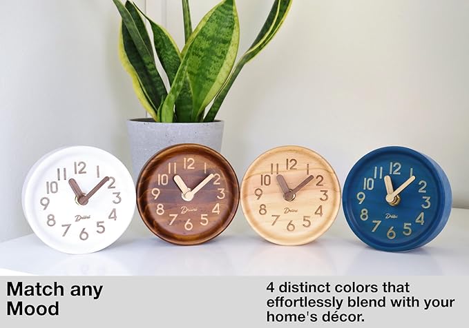 Driini Wooden Analog Desktop Clock – 4.3 in. Decorative Pinewood, No-Tick Design – Easy to Read Silent Sweep Mantle Clock – Quiet Tabletop Clocks with Wood Body, Hands, & Battery Cover; White