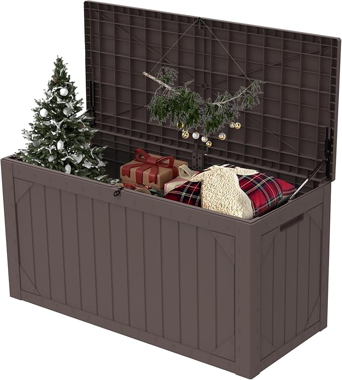 100 Gallon Outdoor Storage Box Waterproof, Lockable Resin Deck Box Patio Storage Bin for Pool Accessories Cushion Furniture, Garden Tools, UV-Resistant Outside Delivery, Brown