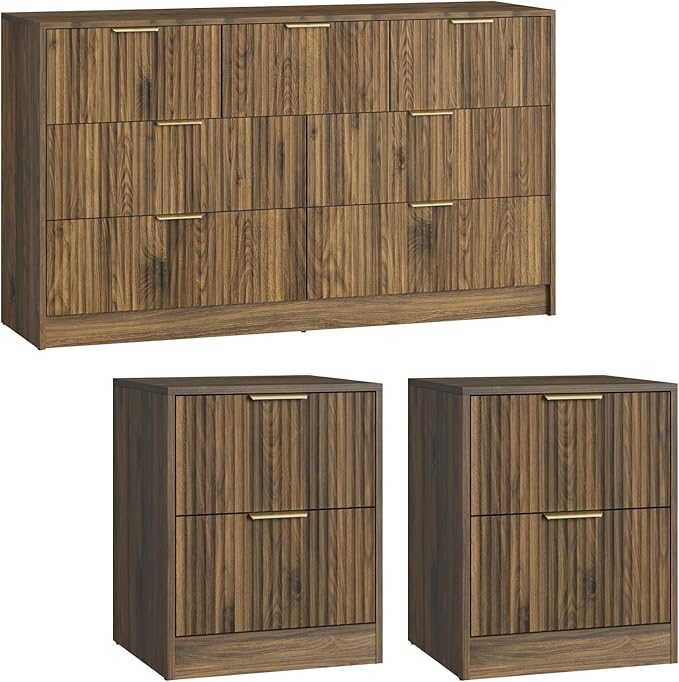 7 Drawer Dresser & Nightstand Set 3-Piece, 55” Wide Bedroom Dresser and Night Stand Set of 2 with Metal Handle, Fluted Modern Wood Chest of Drawers Storage Dressers Set for Bedroom, Walnut