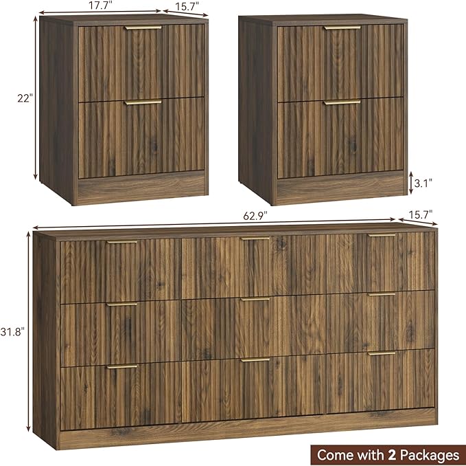 9 Drawer Dresser & Nightstand Set 3-Piece, 63” Wide Walnut Bedroom Dresser and Night Stand Set of 2, Fluted Modern Wood Chest of Drawers Storage Dressers Set for Bedroom, Walnut