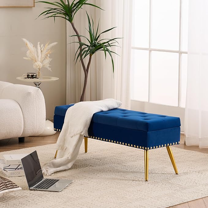 Velvet Storage Bench with Gold Legs& Nailhead Trim, 40" Wide Upholstered Modern Bedroom Bench for End of Bed, Tufted Ottoman for Entryway Living Room Dining Room (Navy Blue, 40" Wide)