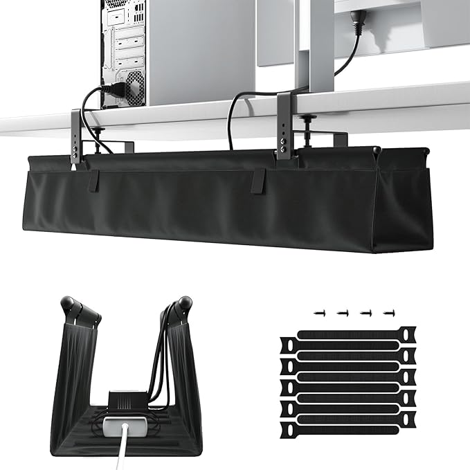 No Drill Under Desk Cable Management Tray - 36" Clamp/Screw Desk Cord Management, Premium Fabric Cable Racyway for Office & Home