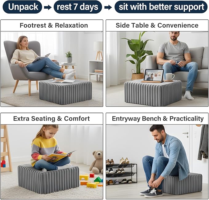 Tiita Suqre Stuffed Pouf Ottoman, Stripe Poufs 21×21×10 inch with Foam Chunk Filling, Floor Bean Bag Floor Chair Storage for Living Room Bedroom Home Decor, Grey