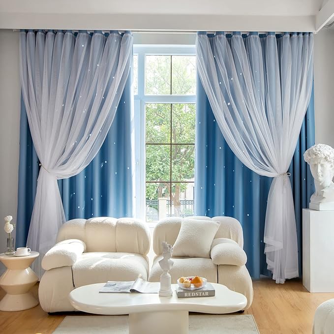Star Double Layer Blackout Curtains for Bedroom, Kids - Cute, 72 Inch Long 2 Panel Set, Blue, 42 x 72 Inch