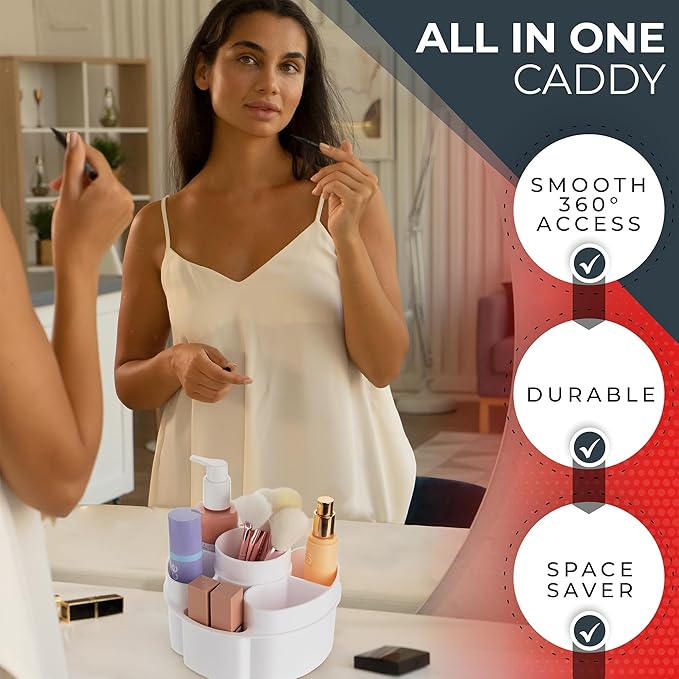 Masirs Small Rotating Makeup Organizer - Mini Yet Spacious Cosmetic Storage Solution with Multiple Compartments - The Perfect Spinning Make-Up Caddy for Vanity or Bathroom Counter (Round - White)