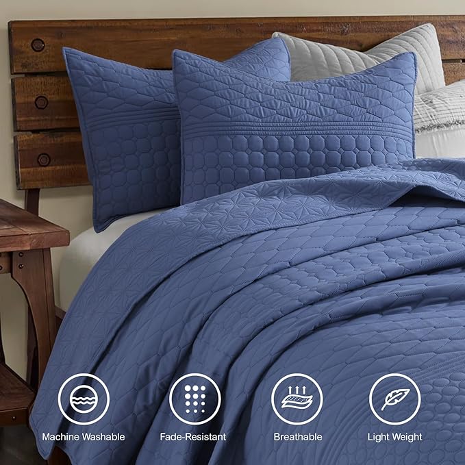 HORIMOTE HOME Denim Blue King Size Quilt Set - Soft Microfiber Bedspread with 2 Shams, Lightweight & All-Season Geometric Coverlet for Cozy Bedding