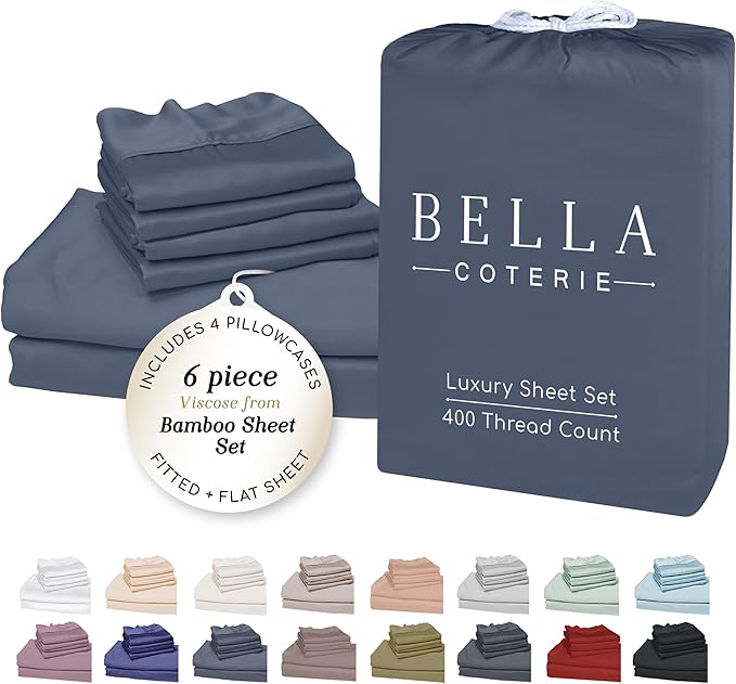Bella Coterie 6 Piece Luxury Bamboo Viscose King Size Sheet Set | 100% Organically Grown | Cooling for Hot Sleepers | 18" Deep Pocket | Soft & Hypoallergenic | 4 Pillowcases [Slate Blue]