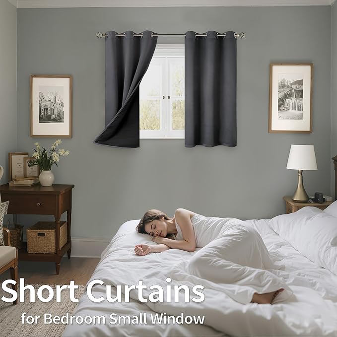 BGment Short Blackout Curtains 40 Inch Length 2 Panels, Thermal Insulated Total Light Blocking Curtains for Bedroom, Grommet Window Drapes with Thick Black Liner, 42 Inch Wide Each Panel, Dark Grey