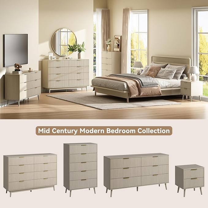 CARPETNAL Fluted Nightstand Set of 2, Beige Bedside Table with Drawer and Storage Shelf, Wood End Table Mid Century Night Stands for Bedroom Living Room