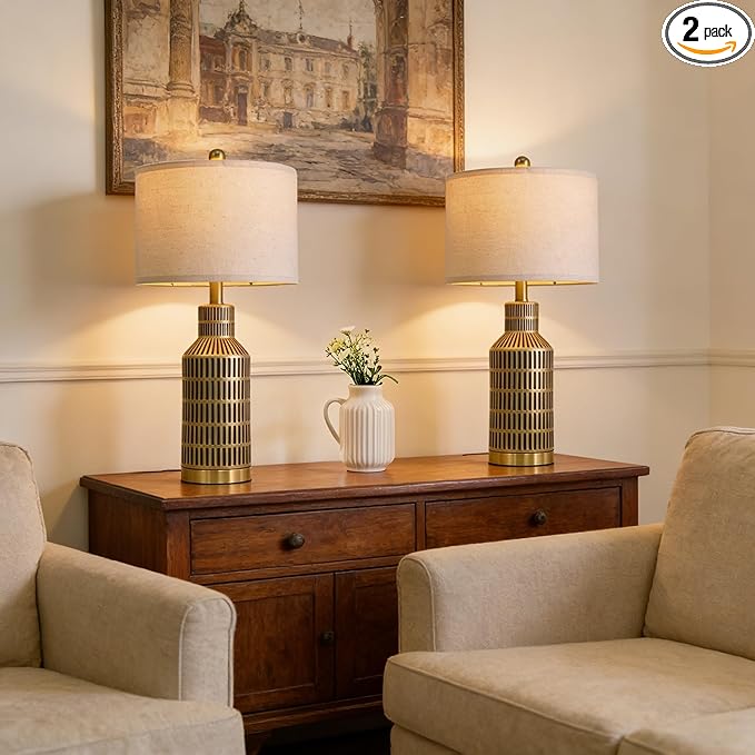 25" Gold and Black Modern Ceramic Bedside Lamp Set of 2 for Bedroom Decor Farmhouse Table Lamp for Living Room Office Dorm