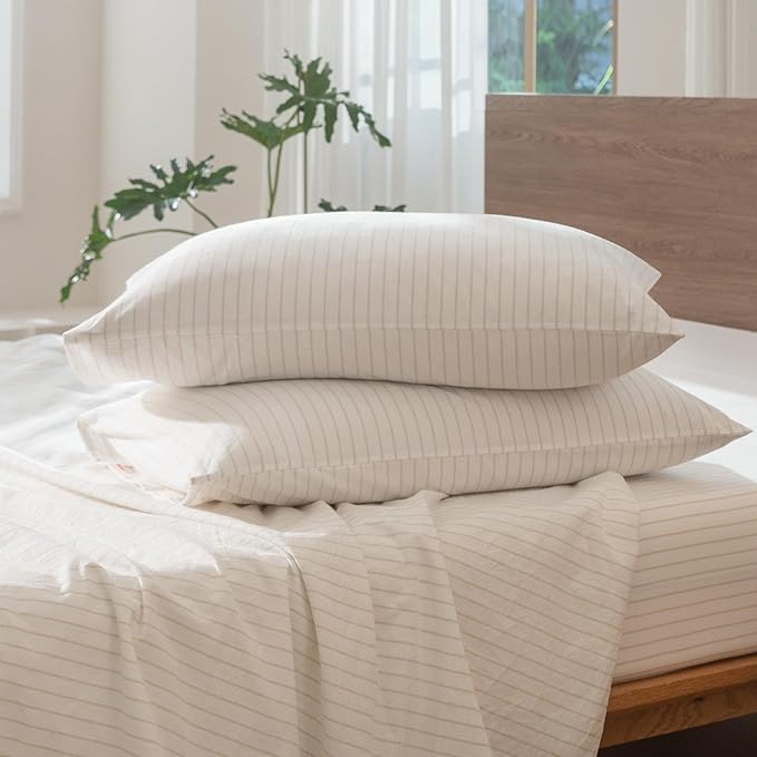 MooMee Striped Duvet Cover Set 100% Washed Cotton Linen Like Textured Breathable Durable Soft Comfy (White Almond Milk Grey Wide Stripes, Queen 90"x90")