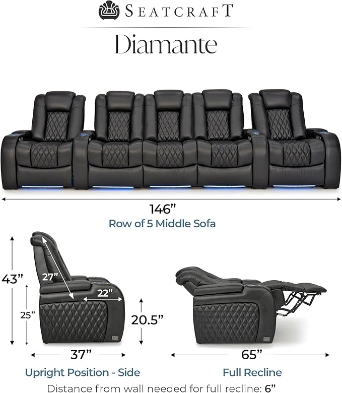 Seatcraft Diamante Zero-Gravity CoolZero Italian Leather Home Theater Seating, Power Headrest, Power Recline, Row of 5 Middle Sofa, Black