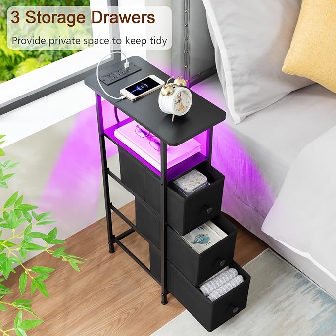 LOAKEKEL Narrow End Table Living Room with Charging Station, Skinny Side Table with Fabric Drawers, Slim LED Nightstand for Bedroom, Small Spaces, Couch, Black, HETNDP03LBK-1