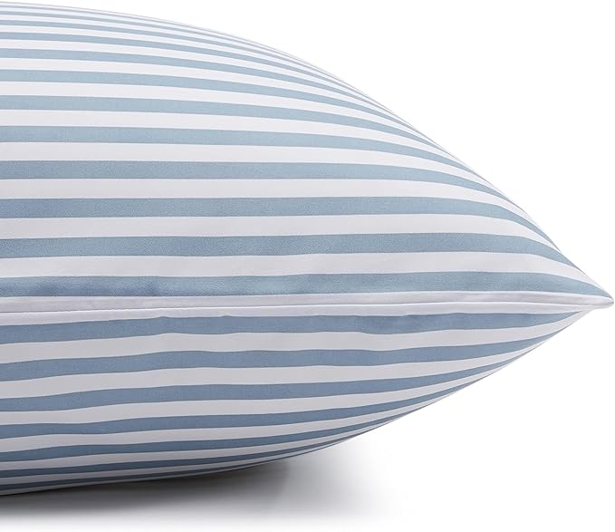 Amazon Basics Lightweight Super Soft Easy Care Microfiber 3 Piece Bed Sheet Set with 14-inch Deep Pockets - Twin, Dusty Blue Pinstripe,Printed (Pack of 4)
