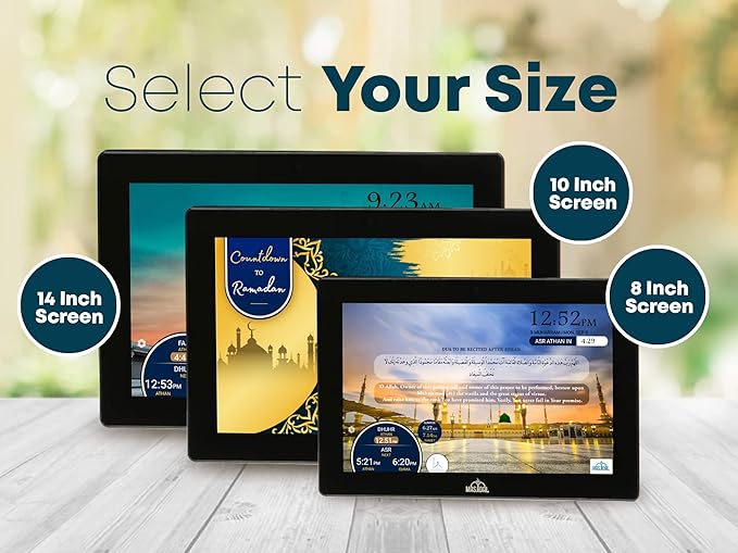 Masjidal 8" Digital Azan Clock with WiFi, Dynamic Touch Screen, Worldwide Prayer Times, Full Quran Player, Islamic Art, Streaming Halal Muslim Content: Duas, Dhikr, Hadith, Verse of The Day, Black