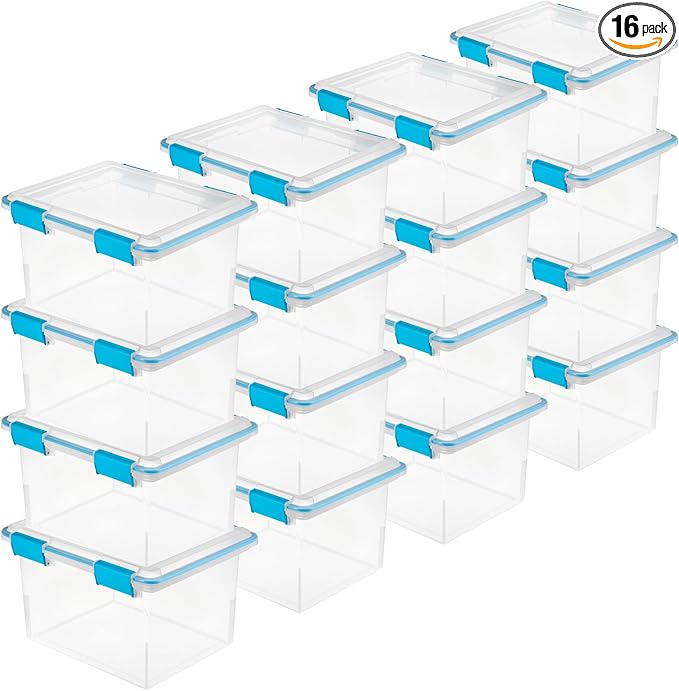 Sterilite 16-Pack Gasket Box, Weather-Resistant Storage Bins with Latching Lids, 32 Quart - Heavy-Duty Organizing Containers for Closet, Bathroom, and Office