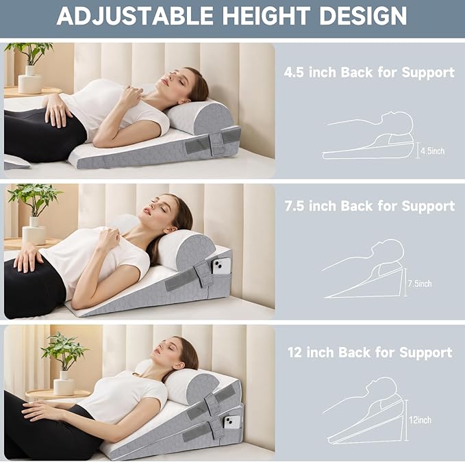 Bed Wedge Pillow for Sleeping, 3 Pcs Adjustable Height 4.5&7.5&12 Inch Triangle Pillow Wedge for Post Surgery, Acid Reflux, Snoring, Legs Pain Relief (Dark Gray)