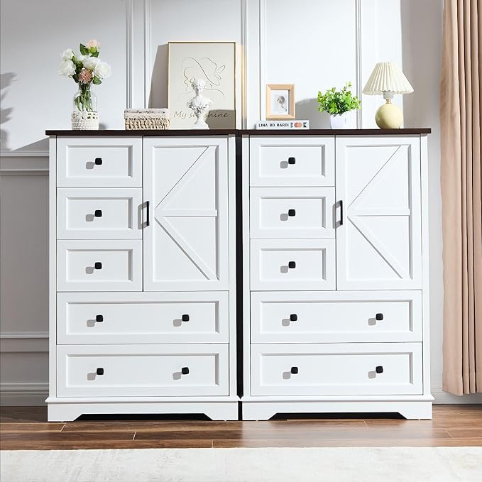 SOOWERY White Dresser for Bedroom, 5 Drawers Farmhouse Wood Dresser with Double Storage Cabinet, 48 Inches Tall Chest of Drawers for Bedroom, Living Room, Hallway
