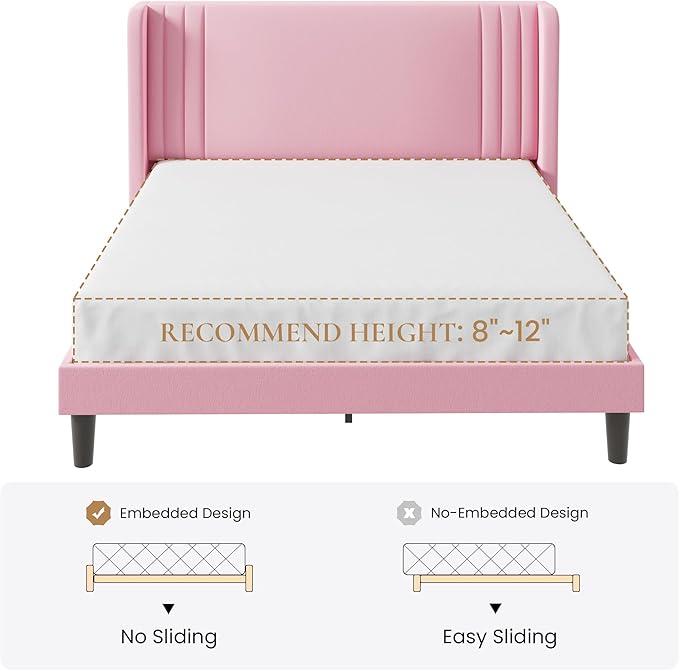 SHA CERLIN Queen Size Velvet Upholstered Platform Bed Frame with Vertical Channel Tufted Wingback Headboard, Wooden Slats Support, Easy Assembly, Under Bed Storage, No Box Spring Required, Pink